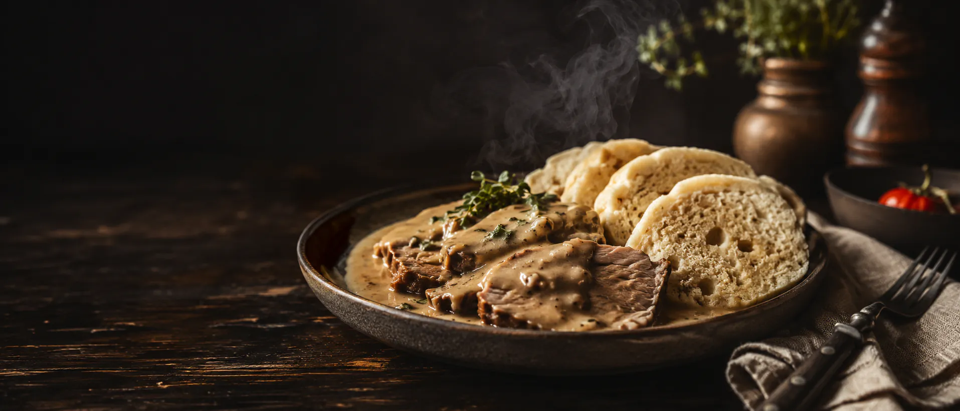 Pečené maso se smetanovou omáčkou a houskovými knedlíky - jídlo z denního menu bistra Na talíři